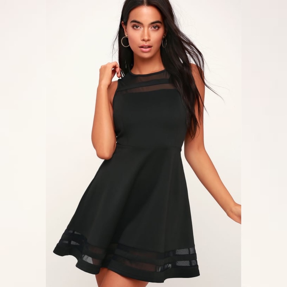 Lulu's Black Fit-and-Flare Mesh-Trim Dress